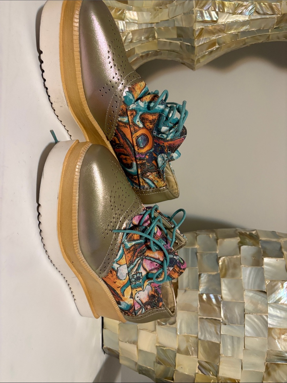 Metallic Olive and Teal Lace-Up Platform Sneakers - Women's Casual Fashion